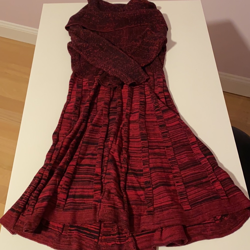 Red and Black Long Sleeve Sweater Dress  with Cowl Neckline